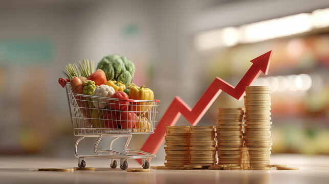 Shopping cart with fresh groceries beside stacked coins and rising arrow. Food inflation, grocery price increase, household budget and cost of living concept.