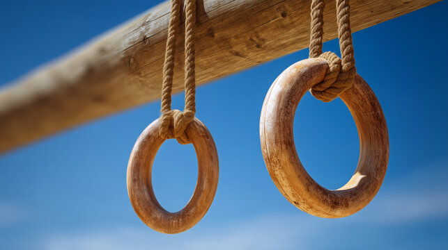 Close-up of wooden gymnastic rings hanging outdoors against a blue sky. Functional fitness, strength training, calisthenics and gymnastics equipment concept.