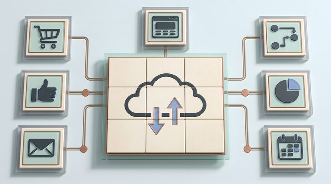 Cloud infrastructure integration concept with digital service network connecting ecommerce communication and business analytics tools