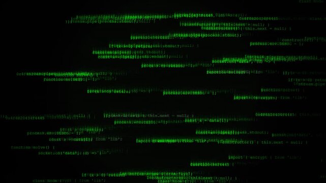 Abstract digital background with glowing green binary code flowing through dark cyberspace.