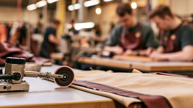 Leather edge painting applicator wheel on a handbag panel in sharp focus and blurred leather workers behind. Concept of luxury leather goods manufacturing.