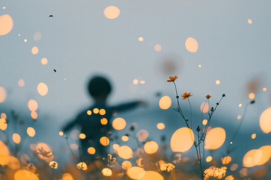 Child plays in a field of flowers at sunset with soft lights and a blurred background