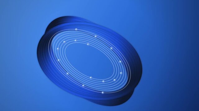 Blue abstract rotating orbital circles motion animation with shining glowing spheres on a dark background