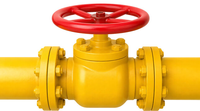 Yellow industrial pipeline with red valve wheel and bolted flanges isolated on transparent background