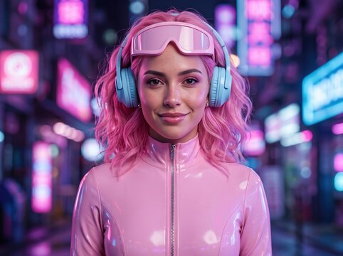 Young woman with pink hair wearing a glossy pink latex bodysuit and light blue headphones with matching pink visor goggles standing in a blurred neon city street at night