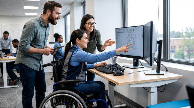 Female Engineer in Wheelchair Collaborating with Colleagues on CAD Design in Inclusive Modern Office &ndash; Accessible Workplace Diversity Teamwork