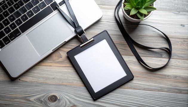 flat lay of a blank white ID badge in a matte black holder with a black lanyard on a grey wood desk. Adjacent to a silver laptop edge. Professional minimalist corporate aesthetic
