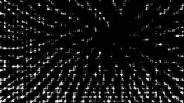 Black and white halftone pattern with radial dot distortion, creating a dynamic perspective effect