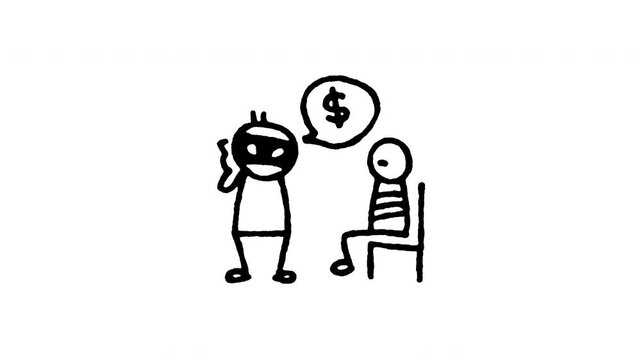 Hand drawn 4K ransom call with hostage doodle animation with boiling line motion. Frame by frame outline on black and green screen backgrounds, perfect for extortion phone, kidnap threat, money.