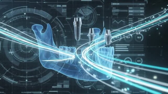 Futuristic 3D hologram of human mandible jaw and teeth on high tech medical interface background