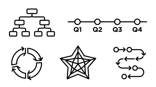 Black and white linear business diagrams showing organizational charts quarterly timelines circular processes star graphs and complex navigation flow paths