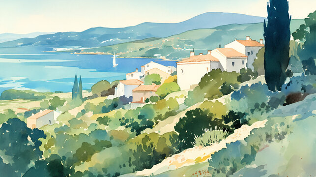Wide Mediterranean coastal panorama watercolor illustration. Village on a green hillside overlooking a bay with a sailboat. Distant mountains