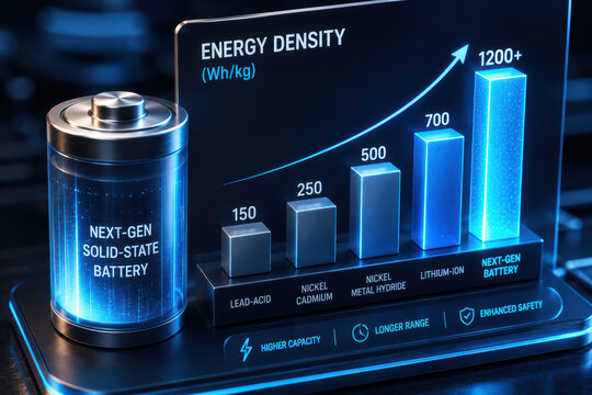 Next gen batteries research energy density solid state battery technology graph chart with blue light and futuristic data display