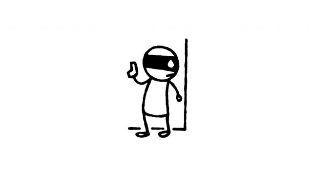 Animated doodle robber hiding with gun icon. 4K frame by frame line art on black and green screen chroma key background for stealth thief ambush, criminal wait corner, and pistol threat edits.