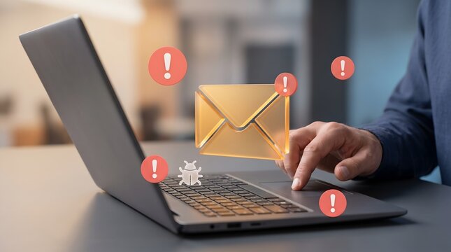 Cybersecurity threat alert showing businessman laptop with phishing email malware bug and floating red warning signs