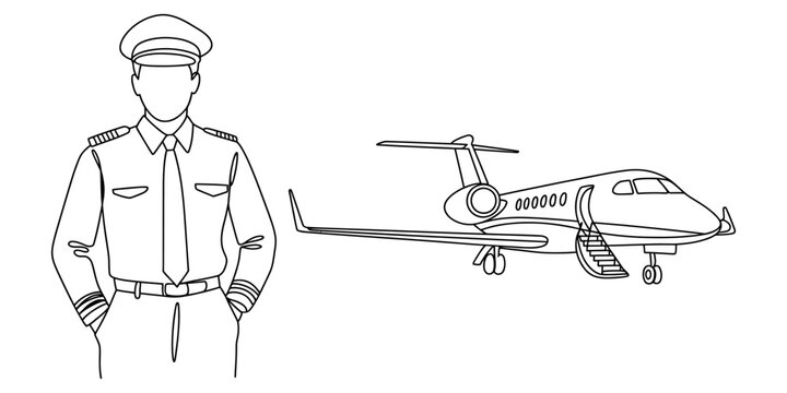 Professional airline pilot standing next to a private jet aircraft parked on the tarmac ready for flight in a simple black and white line art drawing style Vector, illustration