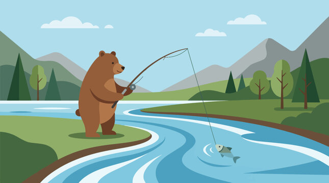 Cute brown bear fishing with a rod in a scenic river landscape.