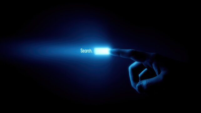 A hand is reaching out to touch a glowing search bar, symbolizing digital interaction and online searching in a dark, futuristic setting.