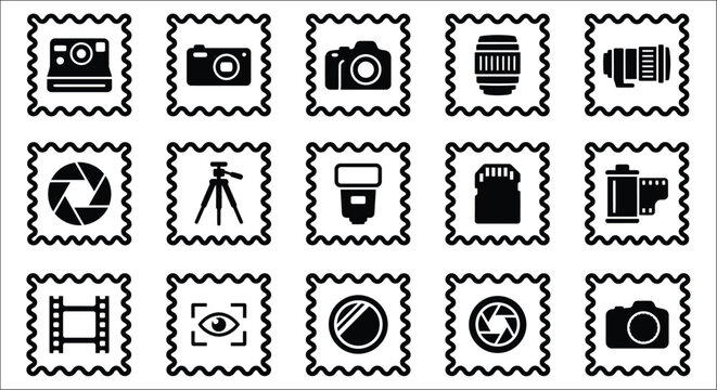 Photography Equipment Icons Set Black Flat Pictograms Within Decorative Wavy Frames aperture camera cameras cinematic
