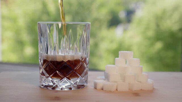 Cola, is poured into a glass next to a stack of sugar cubes,  refreshing soft drink. Unhealthy lifestyle, high sugar content in drinks increased risk of diabetes, weight gain, fatty liver diseases.