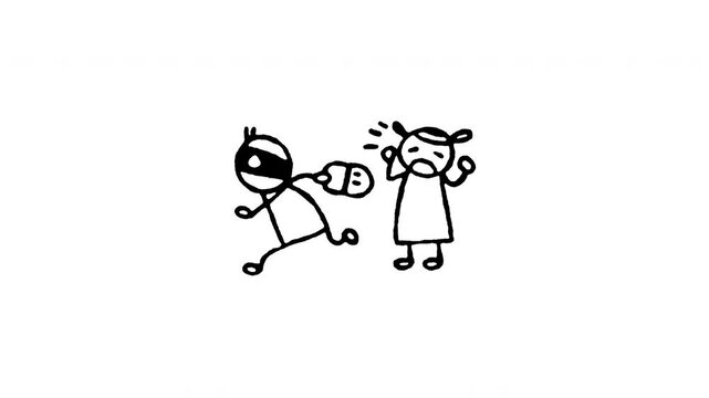 Animated 4K snatch theft mugging doodle icon. Hand drawn line art on black and green screen chroma key background for bag grab robber, street mugger, crime attack, and victim robbery edits.