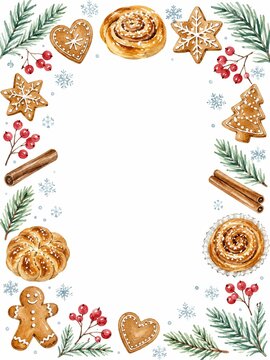 Christmas baking border with cinnamon rolls and cookies watercolor
