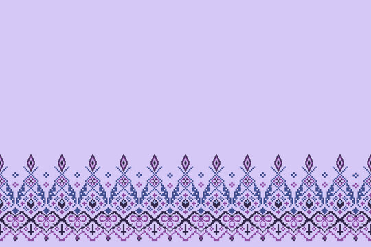 Pixel ornament border arranged with mirrored floral motifs and geometric details in lavender, purple, pink, and blue. Open center layout for textile, stationery, wallpaper, and surface applications.