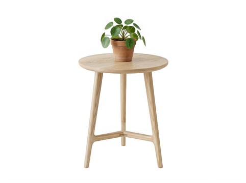 Small round wooden side table with a potted green plant isolated on transparent background