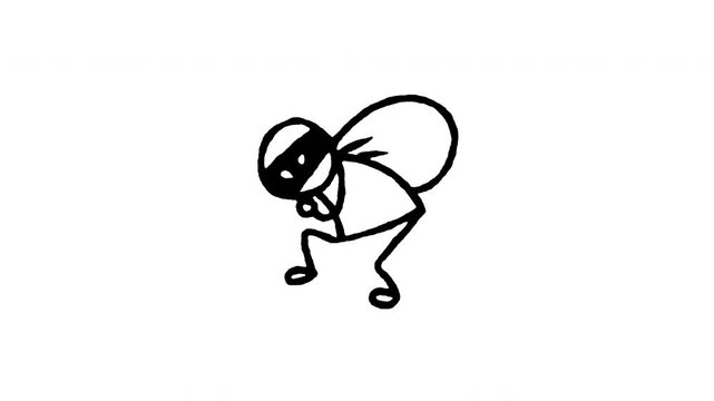 4K hand drawn thief sneaking with loot bag icon with boiling line effect. Features frame by frame doodle style on black and green screen background for sneaky burglar, money sack, and escape.