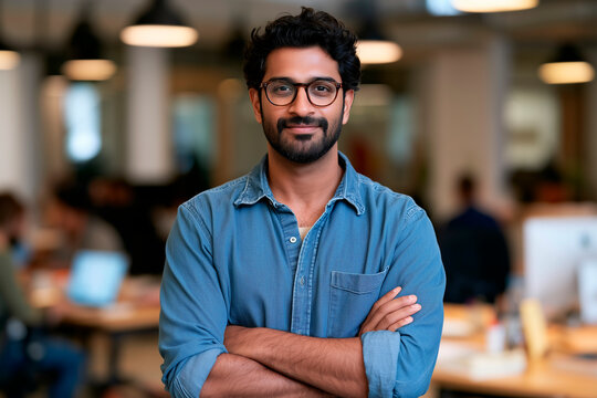 Portrait of confident Indian businessman sitting at modern corporate office desk