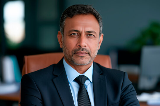 Portrait of confident Indian businessman sitting at modern corporate office desk