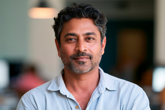 Portrait of confident Indian businessman sitting at modern corporate office desk