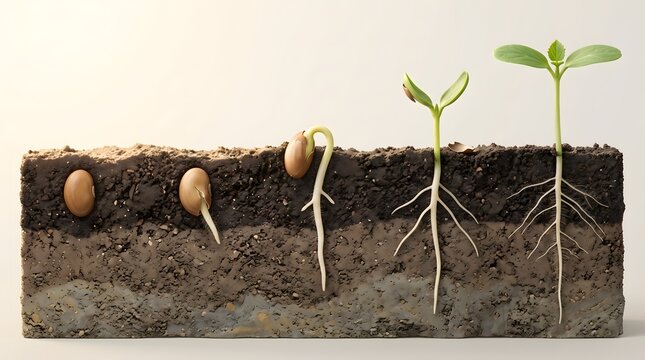 Plant growth stages from seed to seedling in soil cross section representing business development and environmental sustainability