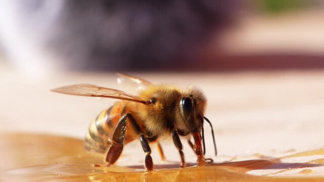 Macro close up of honey bee eating golden honey syrup and crawling away on wooden surface
