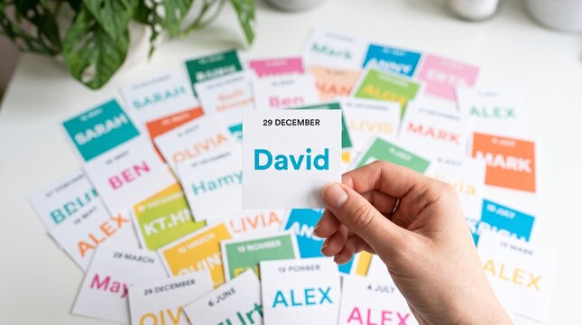 Colorful personalized name cards for event planning, hand holding custom place card with David name, vibrant seating arrangement tags for weddings