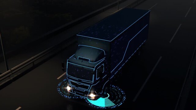 Autonomous Semi Truck Driving at Night with AI HUD Technology Visualization. Self-Driving Electric Cargo Semi-Truck Scans Road and Activates Smart Autopilot Controls for Future Logistics Concept