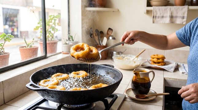 Traditional golden picarones are deep fried in a large pan of oil in a bright rustic kitchen