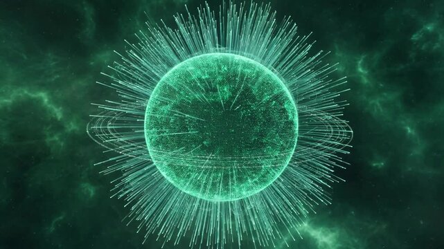 Abstract digital sphere with glowing green particle lines forming a futuristic technological design