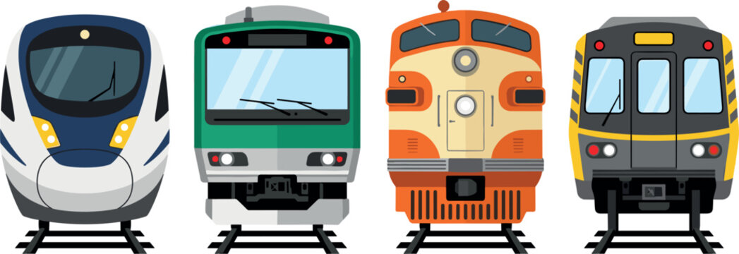 Modern and Vintage Train Front View Vector Set with Bullet Train Subway Metro Locomotive and Commuter Rail Icons for Transportation Design Layouts