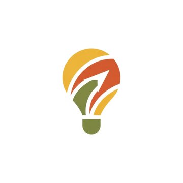Abstract light bulb logo design with upward arrows in yellow orange and green color palette representing creative growth and innovation isolated on a white background.