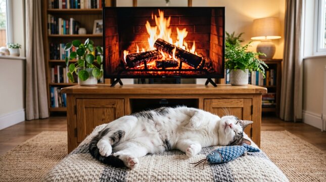 A relaxed Thai Kao Taem cat naps belly-up in front of a fireplace display, resting beside a knitted cushion and fabric fish toy, creating a warm, cozy, and inviting home atmosphere.