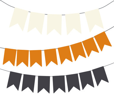 Halloween festive orange, black, white bunting, flags illustration. Decorative border, bunting, garland, festive banner. Autumn holiday design element. Vector clip art on transparent background