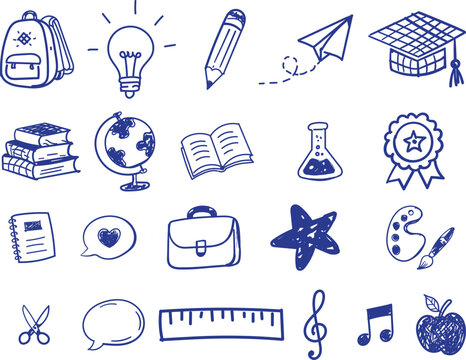 Back to school education icons set. Flat design vector doodles of learning supplies and classroom essentials for academic success.