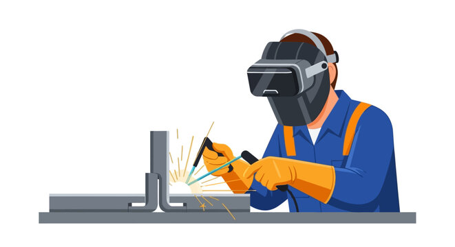 Industrial Welder Using VR Headset for Virtual Training and Simulation Illustration