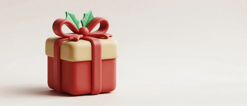3D Christmas Gift Box Icon - Red Ribbon and Copy Space