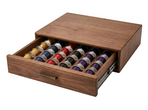 Wooden coffee capsule storage drawer organizer filled with colorful espresso pods isolated on transparent background
