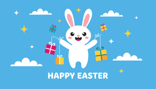 Happy Easter message is accompanied by cute white rabbit holding gift boxes against cheerful cloudy blue sky.