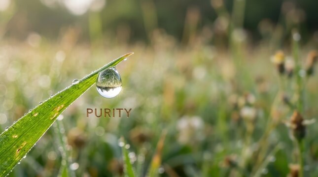 A perfect dewdrop clings to a blade of grass, reflecting the morning light, embodying purity and nature's delicate beauty.
