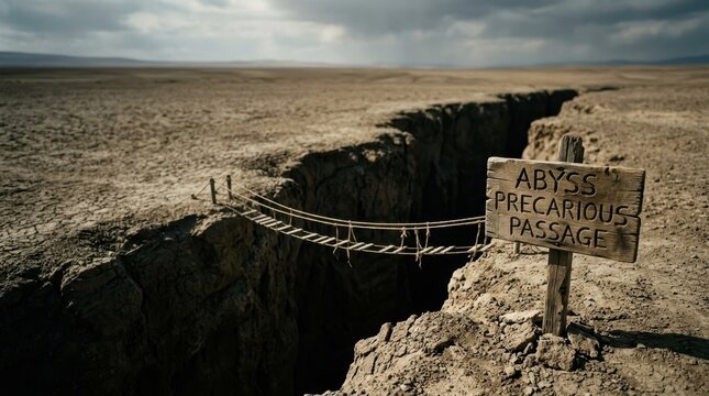 A precarious rope bridge spans a deep chasm in a desolate landscape, with a sign warning of danger.