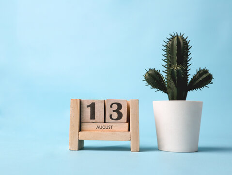 A wooden block calendar for August 13th with a plastic cactus plant on the side on a light blue background.